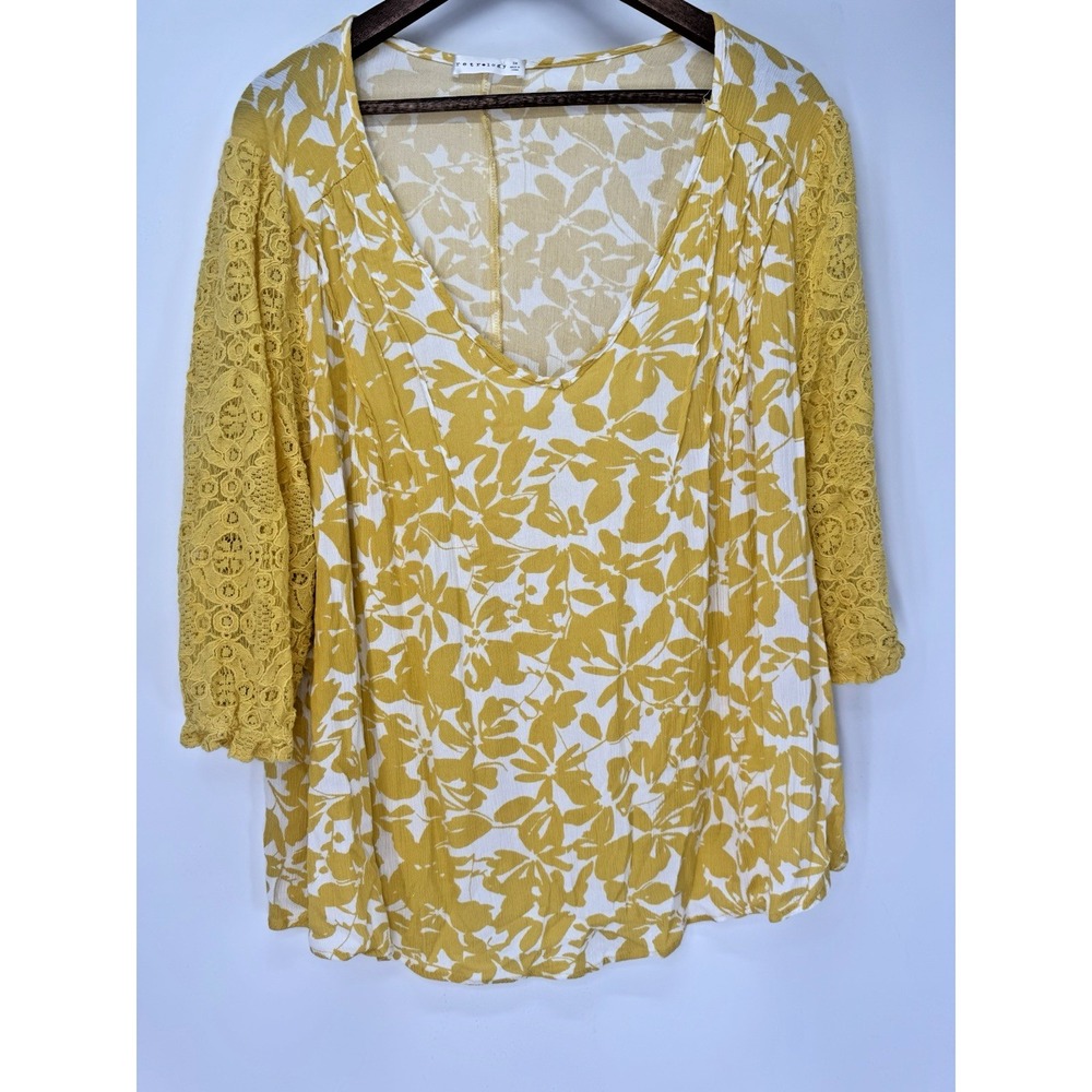 Yellow White Floral Blouse Lace Sleeves Elastic‎ 3x festival boho cottage plus